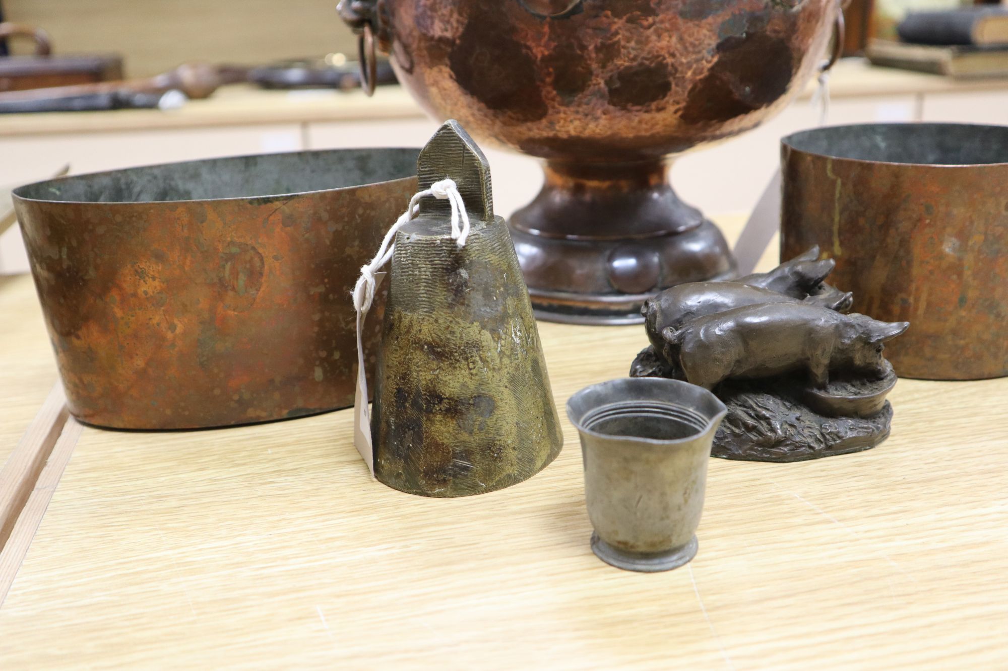 A set of three Georgian gilt bronze fire implements, a similar brass shovel and sundries,